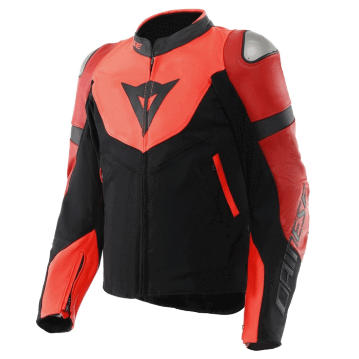 Dainese Racing 4 Leather Motorcycle Jacket Black & Fluo Red Edition
