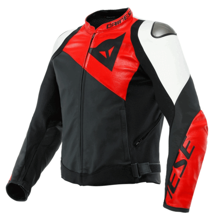Dainese Racing 3 Leather Motorcycle Jacket Black, White & Red Edition (Forearm Variant)