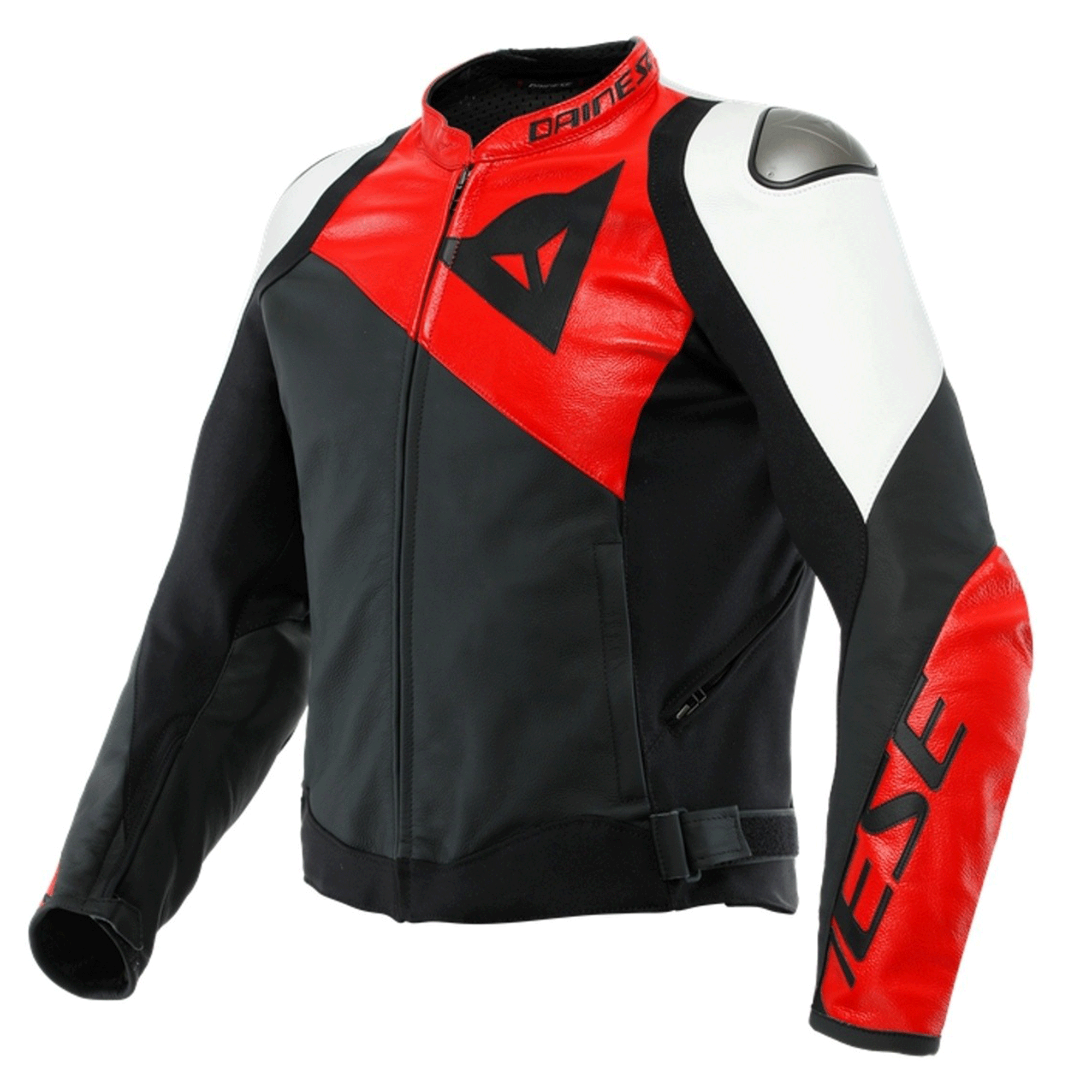 Dainese Racing 3 Leather Motorcycle Jacket Black, White & Red Edition (Forearm Variant)
