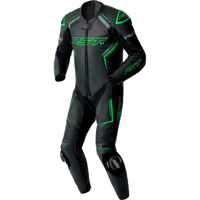 RST S1 D3O Perforated One-Piece Motorcycle Leather Suit - Black & Green Edition
