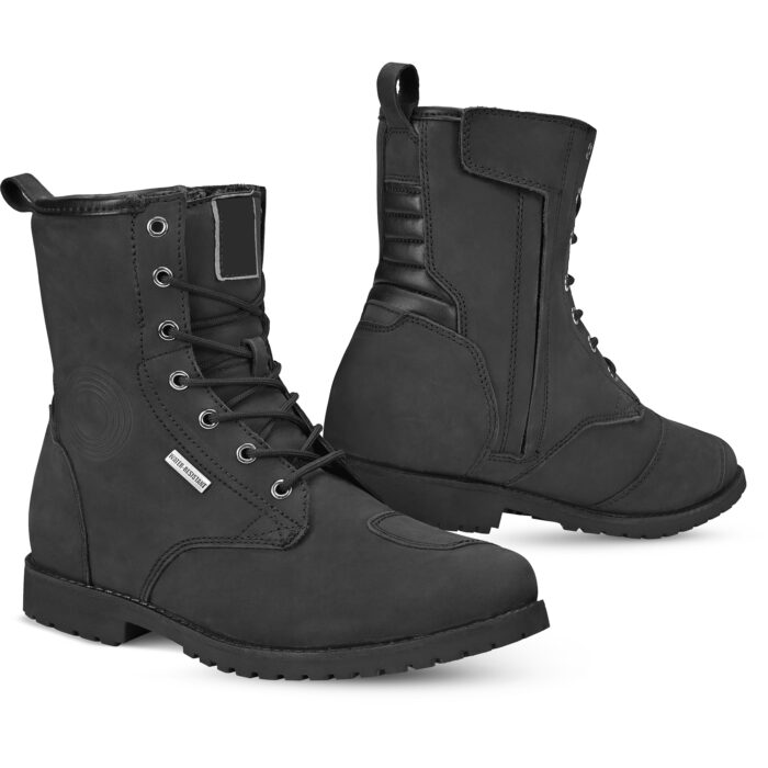Men's Waterproof Leather Motorcycle Riding Boots - Stealth Black Lace-Up Urban Cruiser Shoes