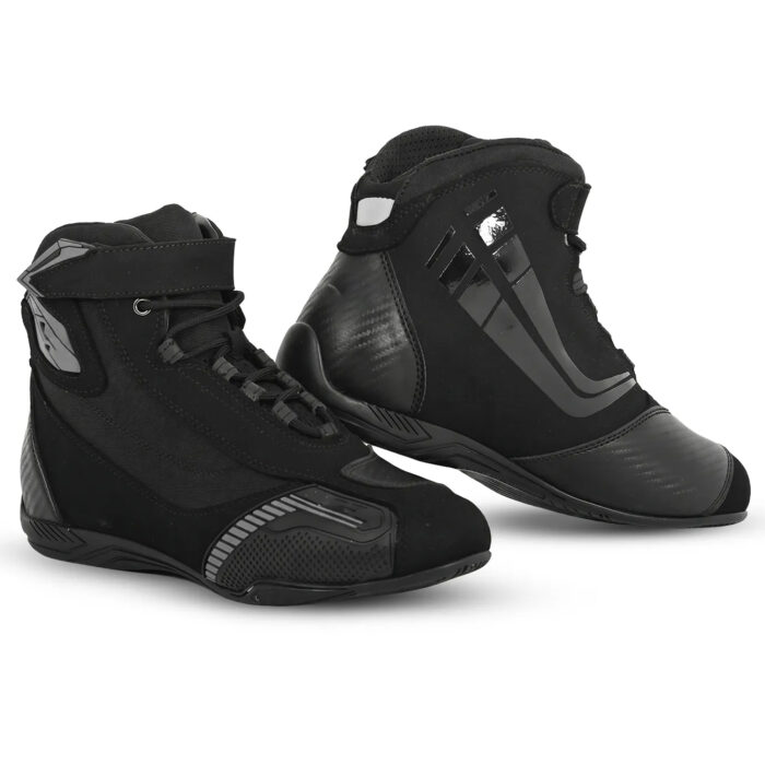 Men's Sport Street Motorcycle Riding Shoes - Stealth Black Short Racing Boots with Ankle Guard & Speed Lacing