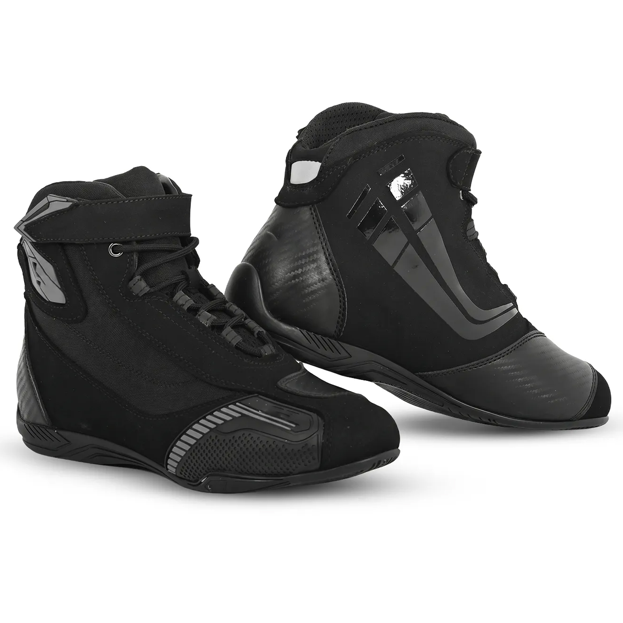 Men's Sport Street Motorcycle Riding Shoes - Stealth Black Short Racing Boots with Ankle Guard & Speed Lacing