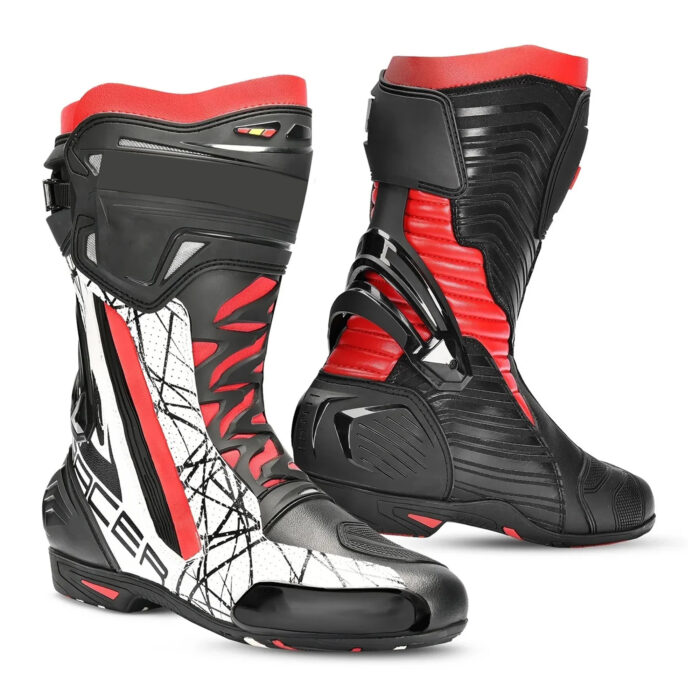 Men's Leather Motorcycle Racing Boots - Black, White & Red Protective Sport Bike Riding Shoes