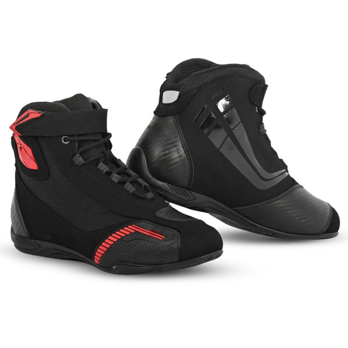 Men's Sport Street Motorcycle Riding Shoes - Black & Red Short Racing Boots with Ankle Guard & Speed Lacing
