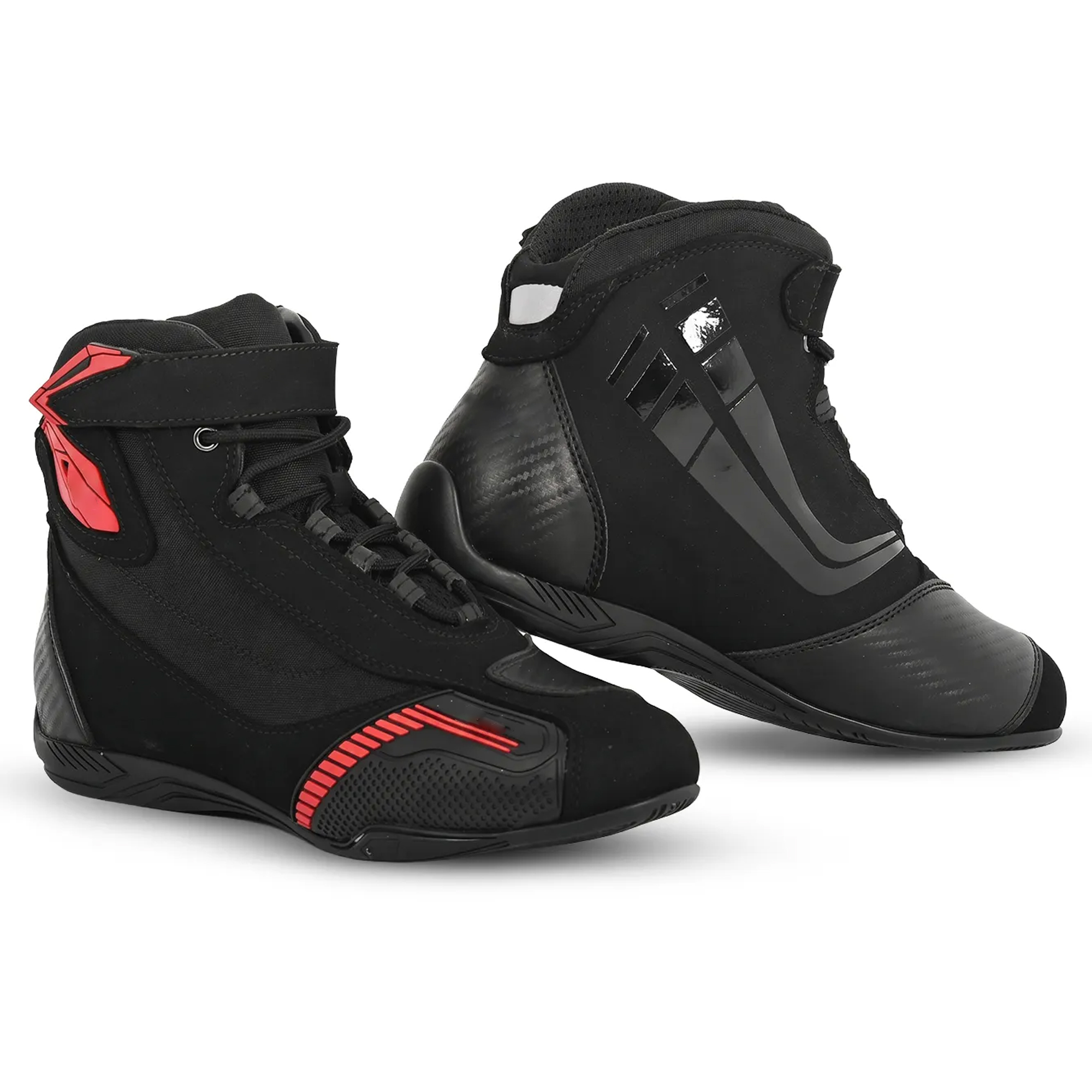 Men's Sport Street Motorcycle Riding Shoes - Black & Red Short Racing Boots with Ankle Guard & Speed Lacing