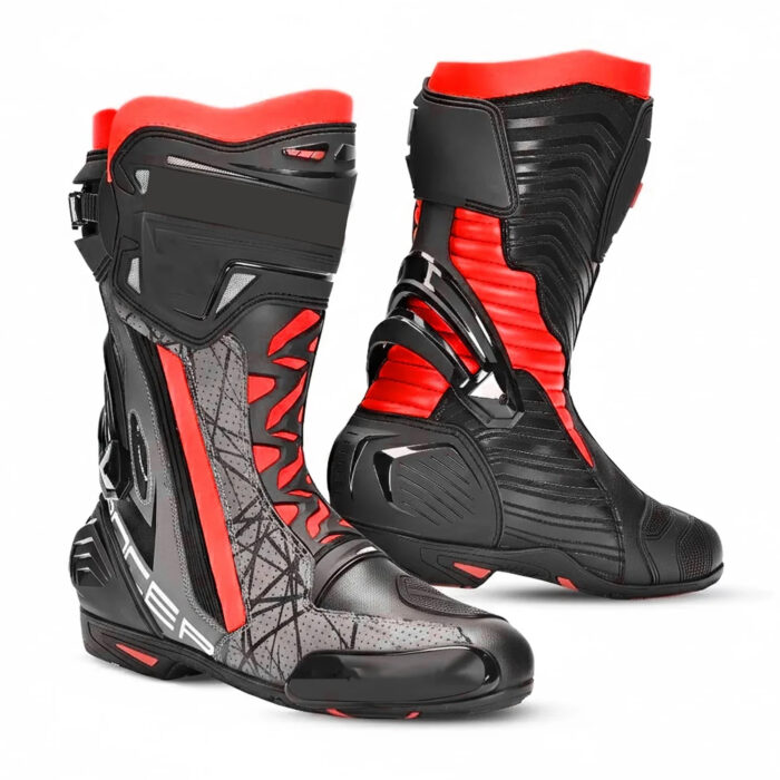 Men's Leather Motorcycle Racing Boots - Black, Grey & Red Protective Sport Bike Riding Shoes