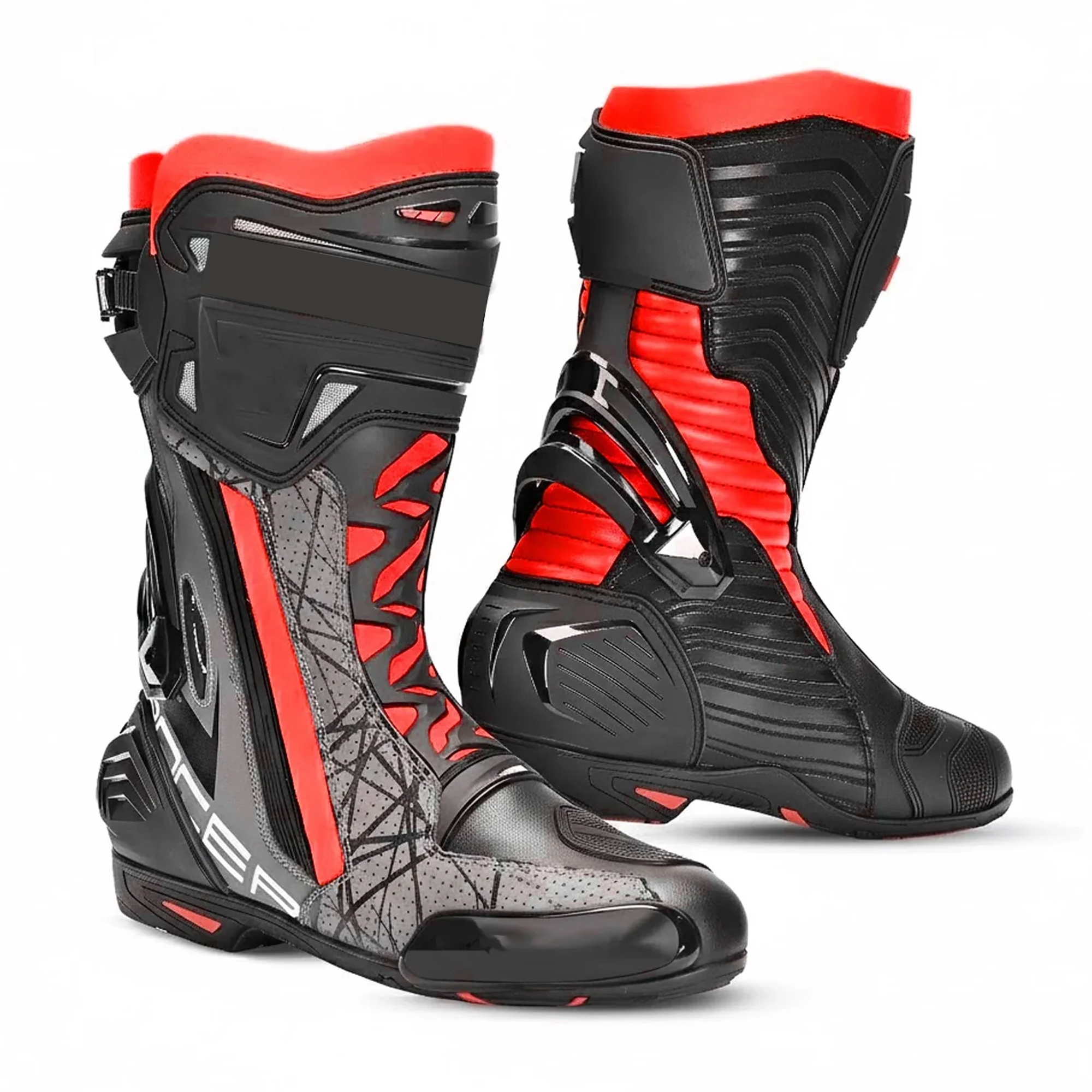 Men's Leather Motorcycle Racing Boots - Black, Grey & Red Protective Sport Bike Riding Shoes