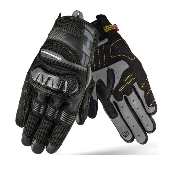 Men's Short Leather Motorcycle Gloves – Carbon Knuckle Guard – Black / Grey Mesh