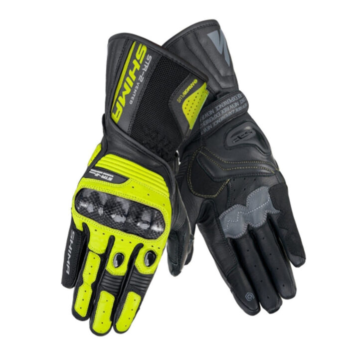 HIMA STR-2 Vented Leather Motorcycle Gloves – Carbon Knuckle Guard – Black / Fluo Yellow