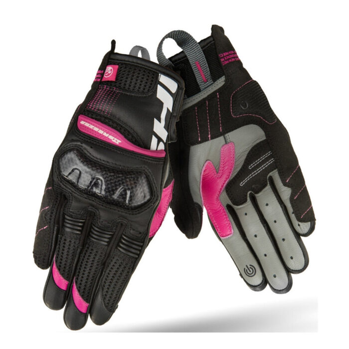 Women's Black & Pink Leather Motorcycle Gloves – Carbon Knuckle Guard – Breathable Mesh