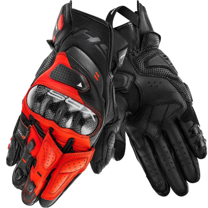 Men's Black & Red Leather Motorcycle Racing Gloves - Carbon Knuckle Guard
