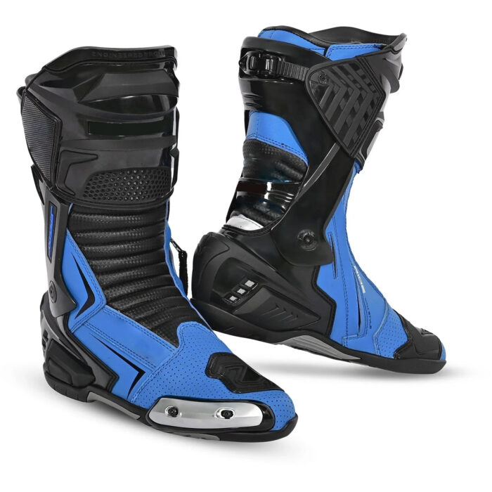 Men's Leather Motorcycle Racing Boots - Black & Blue Protective Sport Bike Riding Shoes