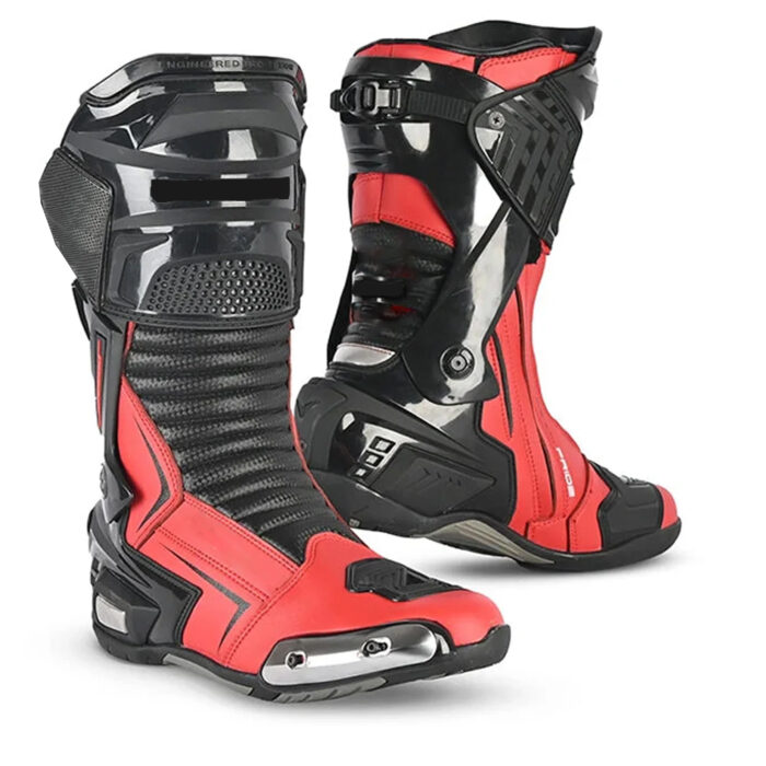 Men's Leather Motorcycle Racing Boots - Black & Red Protective Sport Bike Riding Shoes
