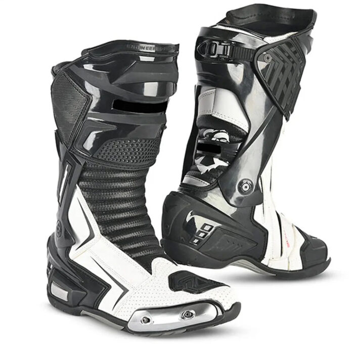 Men's Leather Motorcycle Racing Boots - Black & White Protective Sport Bike Riding Shoes
