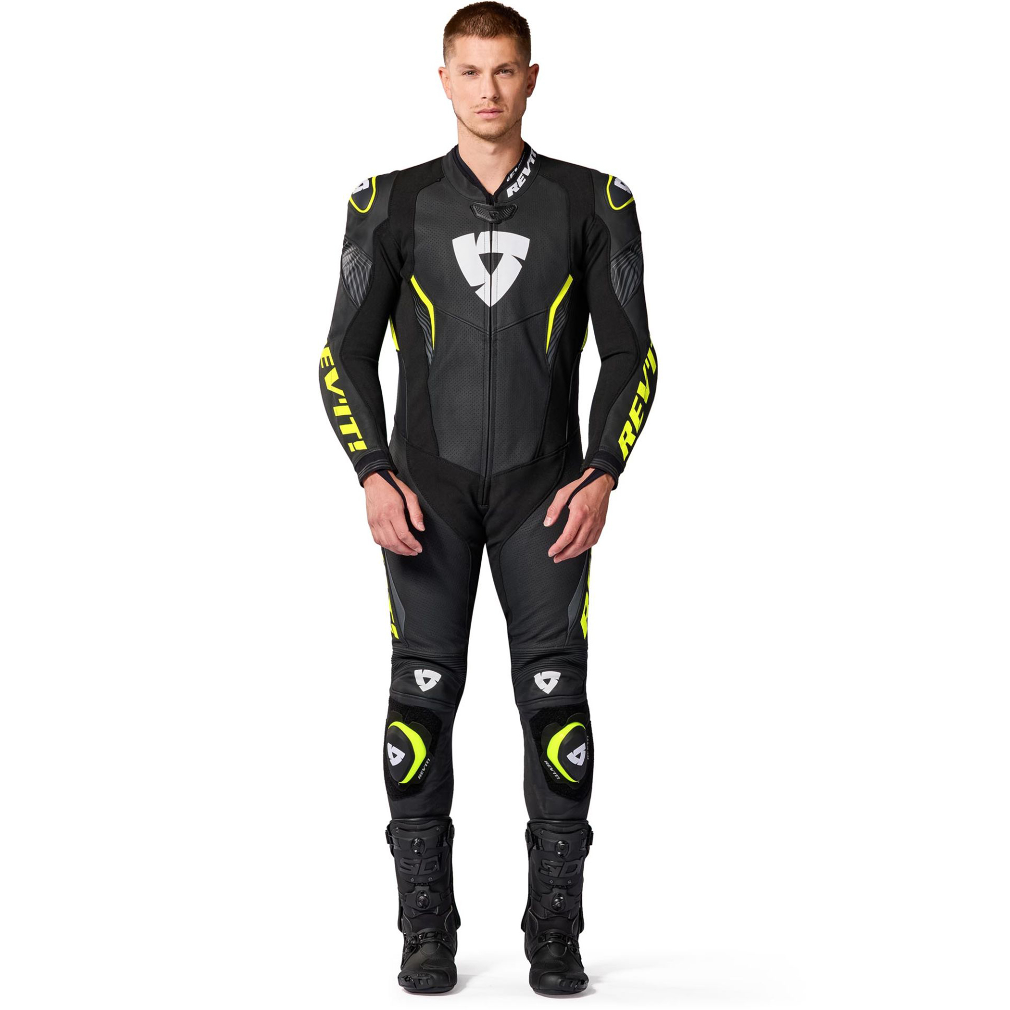 REV'IT! Argon 3 Perforated One-Piece Motorcycle Leather Suit - Matte Black & Neon Yellow Edition - Image 3