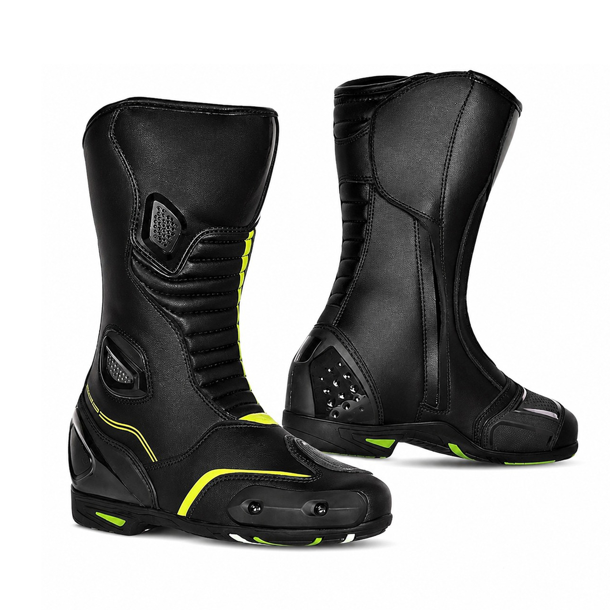 Pro-Track Full Leather Motorcycle Racing Boots – Black & High-Vis Neon Edition
