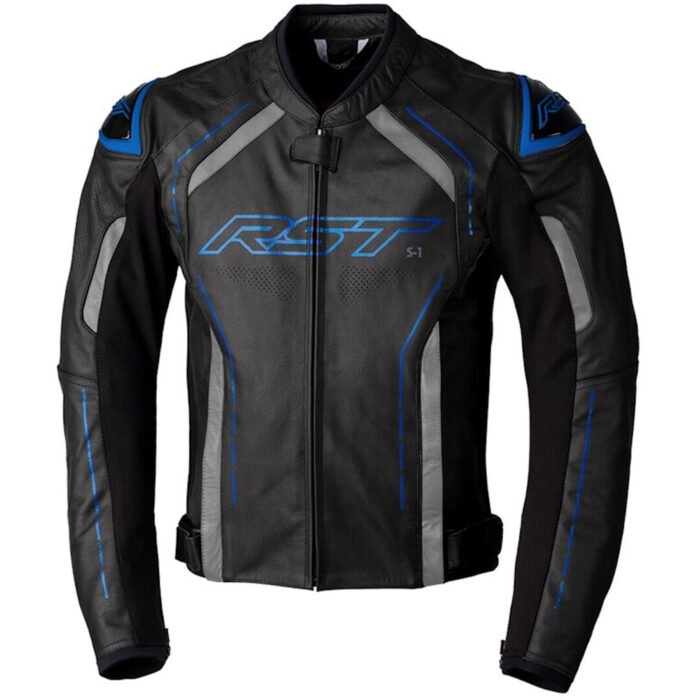 RST S1 Motorcycle Leather Jacket - Black & Circuit Blue Sport
