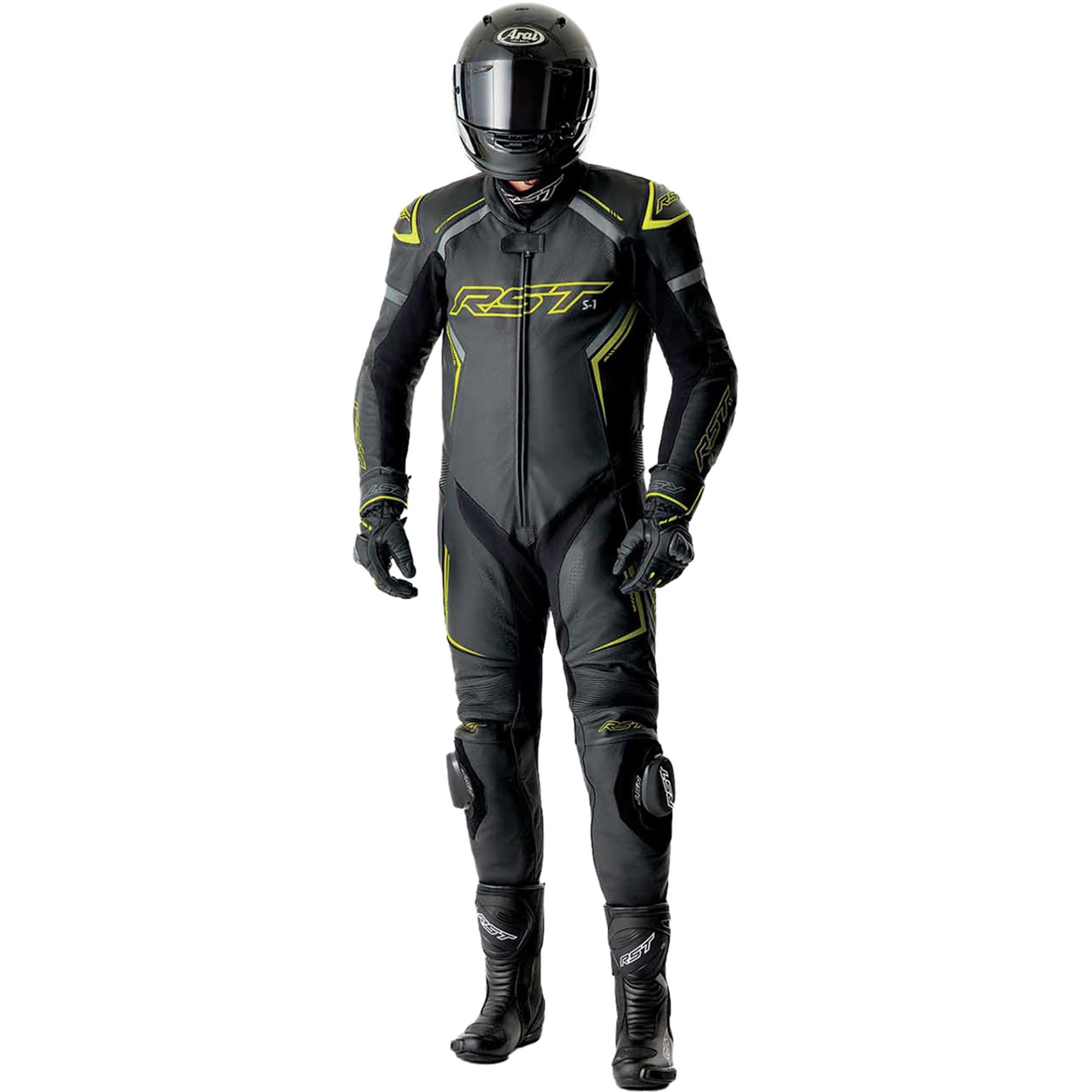 RST S1 D3O Perforated One-Piece Motorcycle Leather Suit – Black/Yellow Edition - Image 3