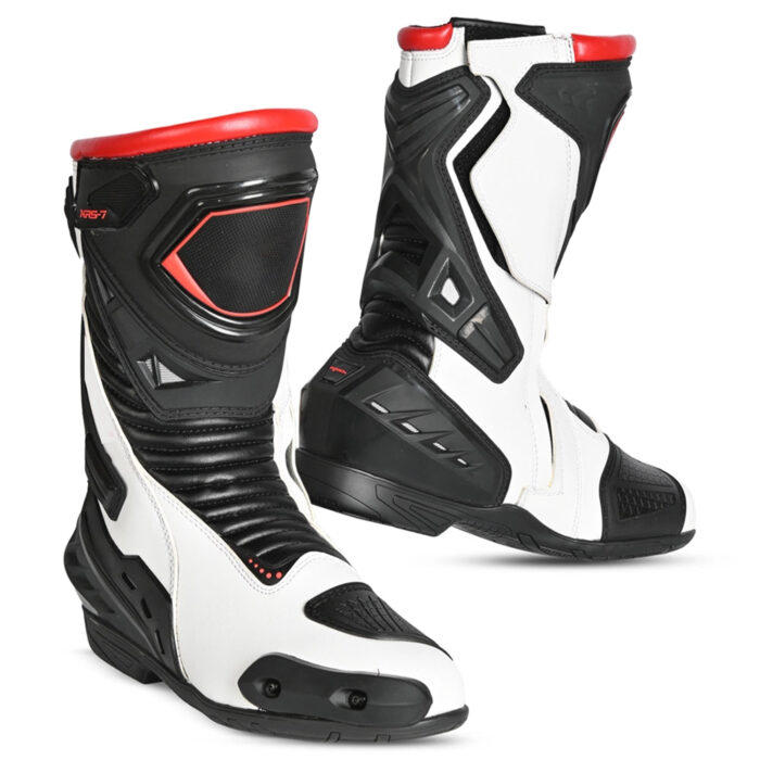 Men's Leather Motorcycle Racing Boots - White, Black & Red Protective Sport Bike Riding Shoes