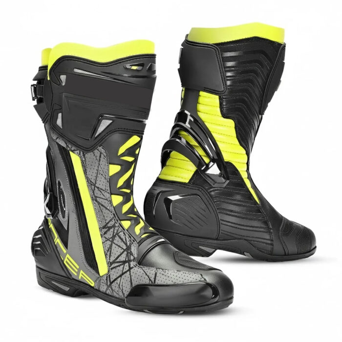 Men's Leather Motorcycle Racing Boots - Black, Grey & Fluorescent Yellow Protective Sport Bike Riding Shoes