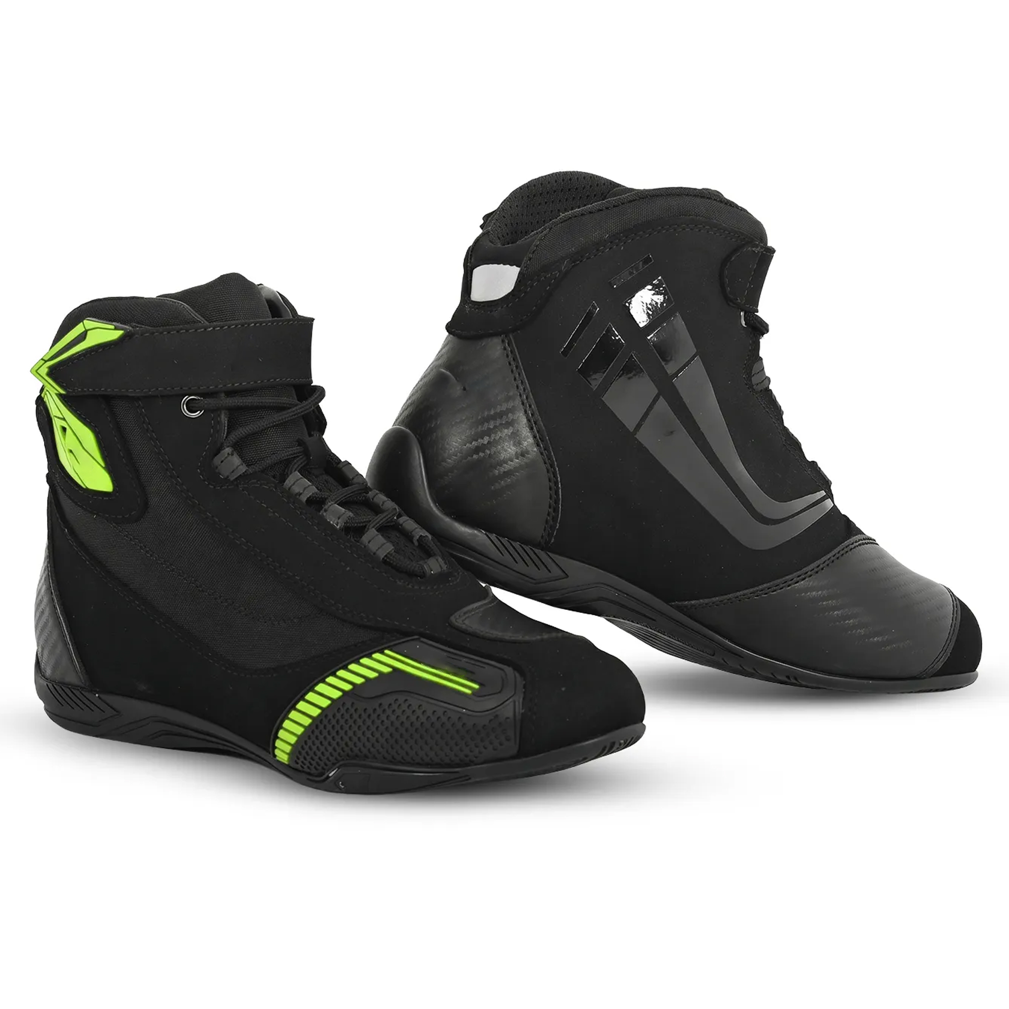 Men's Sport Street Motorcycle Riding Shoes - Black & Neon Yellow Short Racing Boots with Ankle Guard & Speed Lacing