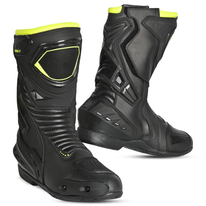 Men's Leather Motorcycle Racing Boots - Black & Fluorescent Yellow Protective Sport Bike Riding Shoes