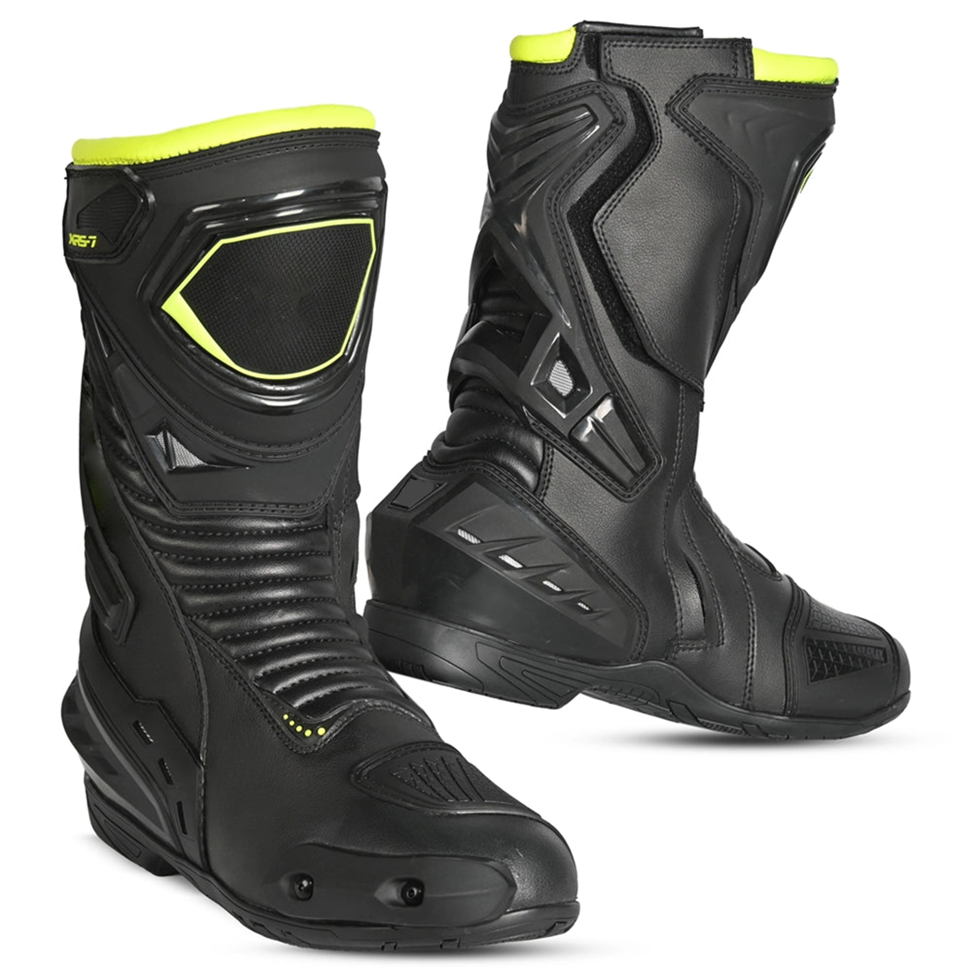 Men's Leather Motorcycle Racing Boots - Black & Fluorescent Yellow Protective Sport Bike Riding Shoes