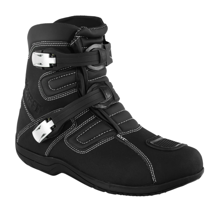 Profirst Dual Buckle Shorty Leather Motorcycle Boots – Stealth Black Edition