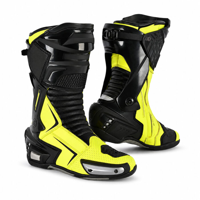 Men's Leather Motorcycle Racing Boots - Black & Fluorescent Yellow Protective Sport Bike Riding Shoes