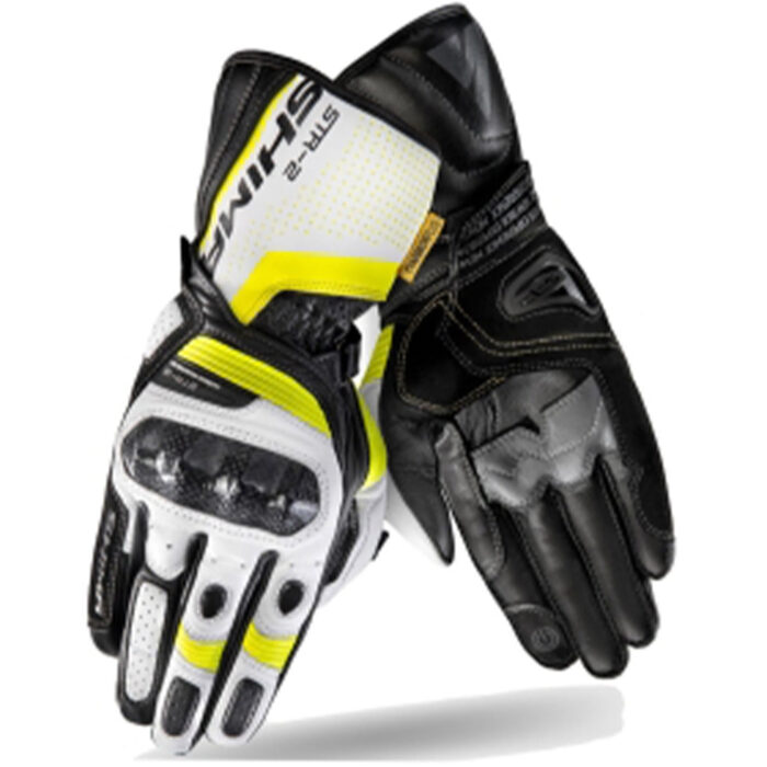 SHIMA STR-2 Vented Leather Motorcycle Gloves – Carbon Knuckle Guard – White / Black / Fluo Yellow