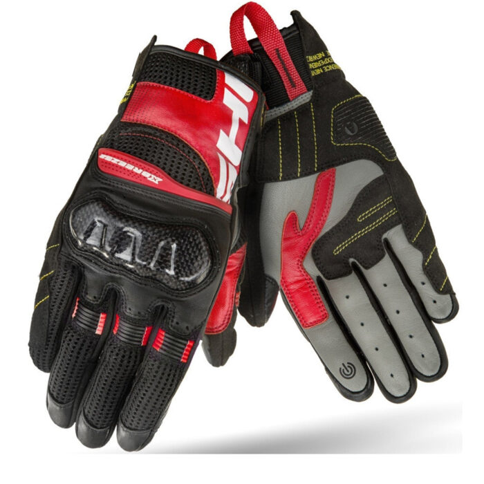 Men's Short Leather Motorcycle Gloves – Carbon Knuckle Guard – Black / Red / Grey Mesh