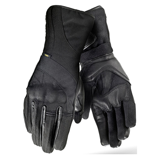 Women's Long Textile & Leather Touring Motorcycle Gloves – Hidden Knuckle Guard – All Black