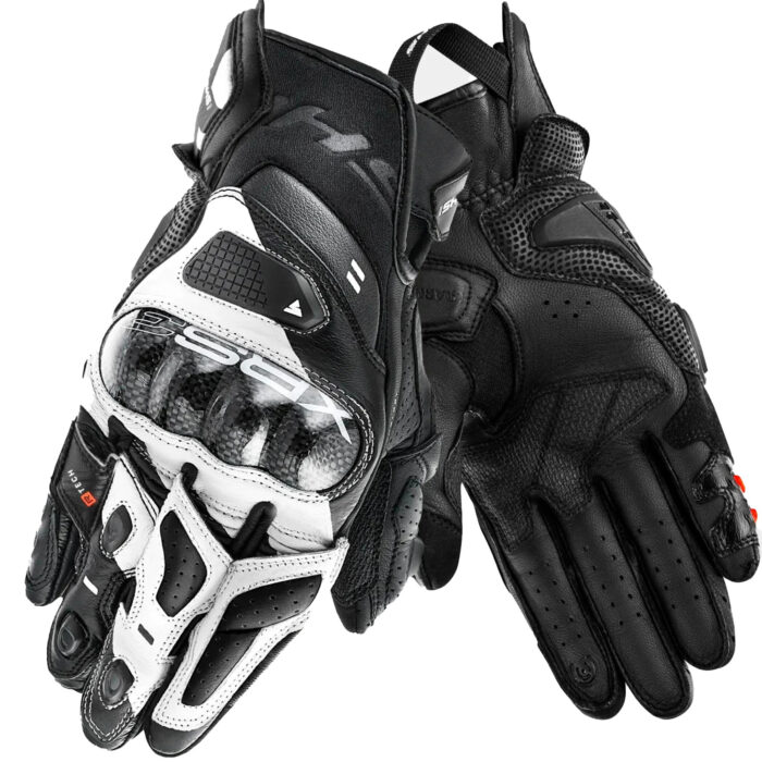 Men's Black & White Leather Motorcycle Racing Gloves - Carbon Knuckle Guard