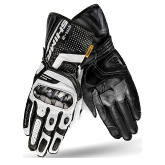 SHIMA STR-2 Vented Leather Motorcycle Gloves – Carbon Knuckle Guard – Black / White