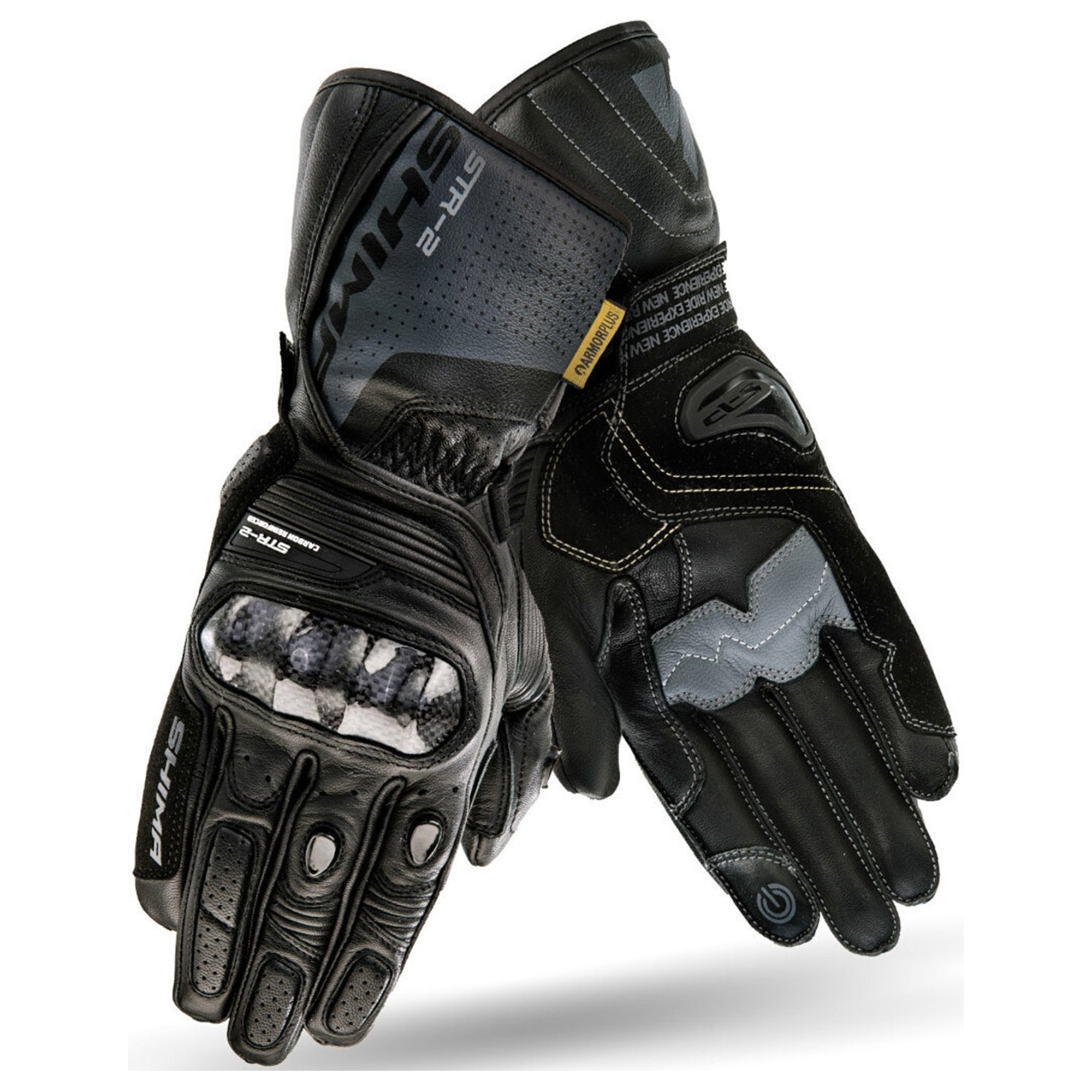 SHIMA STR-2 Vented Leather Motorcycle Gloves – Carbon Knuckle Guard – All Black / Dark Grey