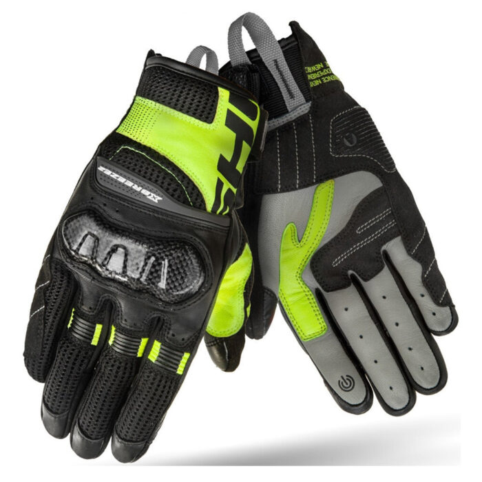 Men's Short Leather Motorcycle Gloves – Carbon Knuckle Guard – Black / Fluo Yellow / Grey Mesh
