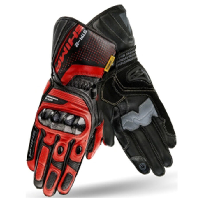 SHIMA STR-2 Vented Leather Motorcycle Gloves – Carbon Knuckle Guard – Black / Red