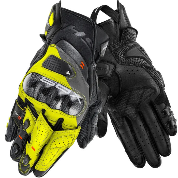 Men's Black & Neon Yellow Leather Motorcycle Racing Gloves - Carbon Knuckle Guard