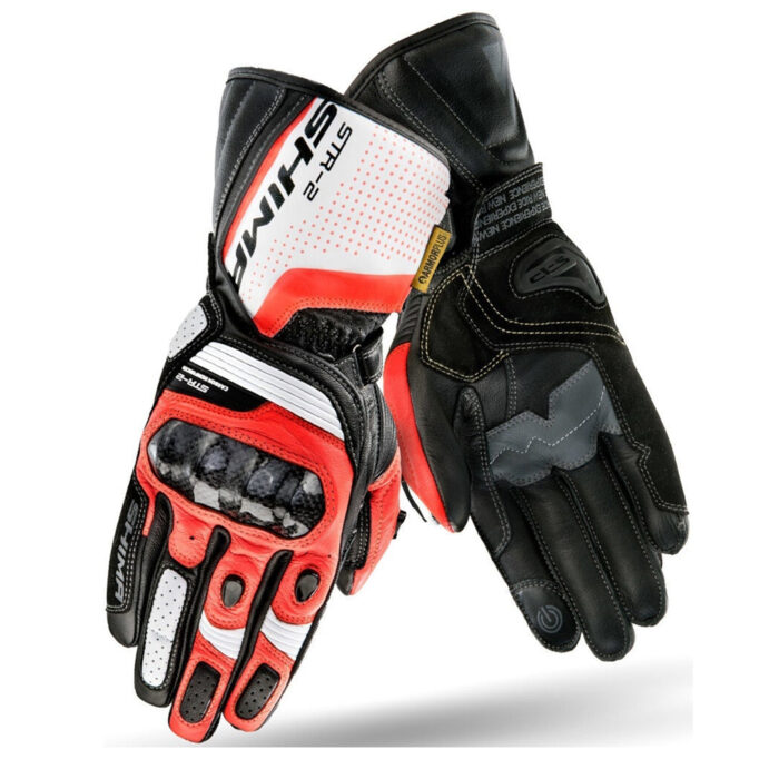 SHIMA STR-2 Vented Leather Motorcycle Gloves – Carbon Knuckle Guard – Black / Red / White