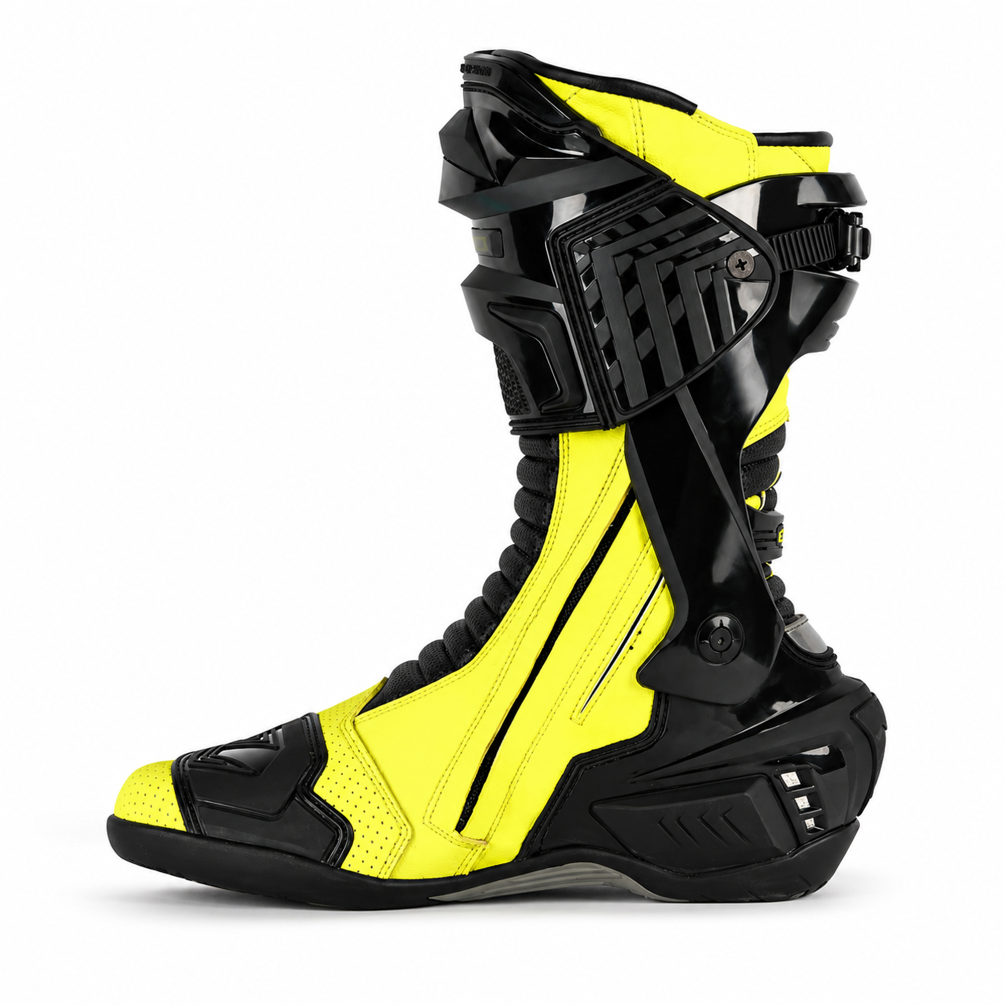 Men's Leather Motorcycle Racing Boots - Black & Fluorescent Yellow Protective Sport Bike Riding Shoes - Image 2