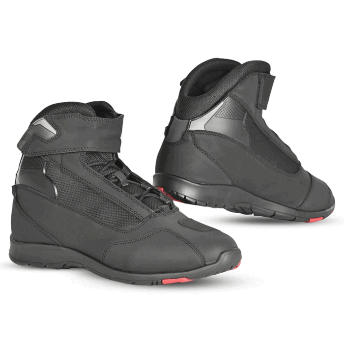Sport Touring Leather & Mesh Motorcycle Riding Shoes – Stealth Black & Red Accent