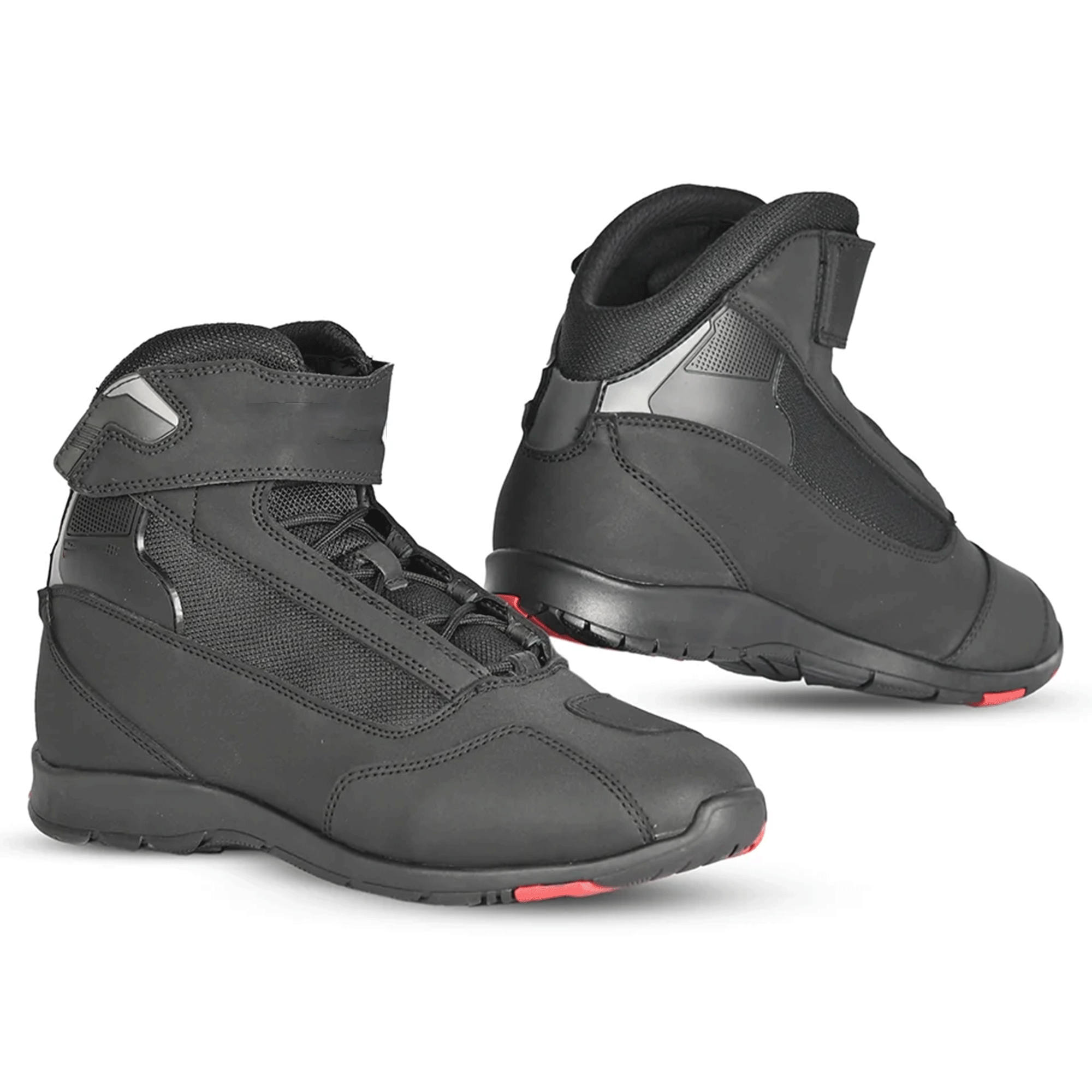 Sport Touring Leather & Mesh Motorcycle Riding Shoes – Stealth Black & Red Accent