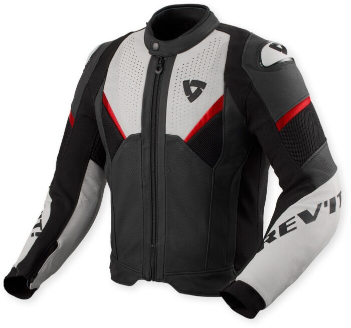 Revit Automate Perforated Motorcycle Leather Jacket - Light Grey, Black & Red Edition