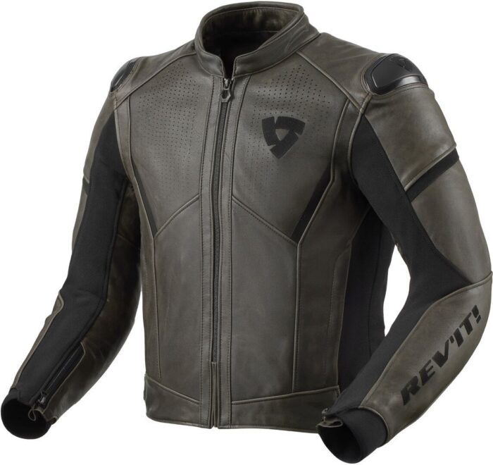 Revit Parallax Motorcycle Leather Jacket - Distressed Dark Green & Black Hybrid